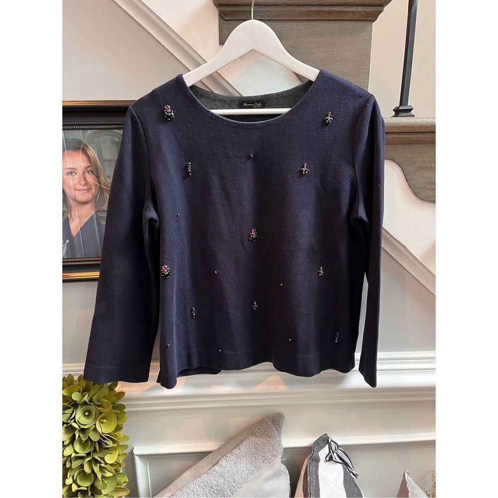 Massimo Dutti Blue Crystal Embellished Sweatshirt Top sz M EUC